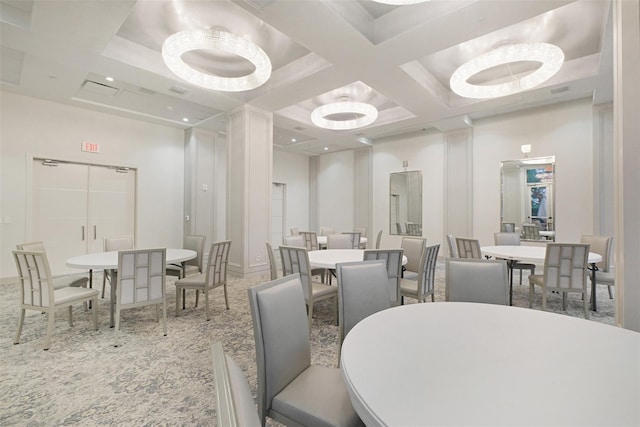 dining space with coffered ceiling, a towering ceiling, and beam ceiling