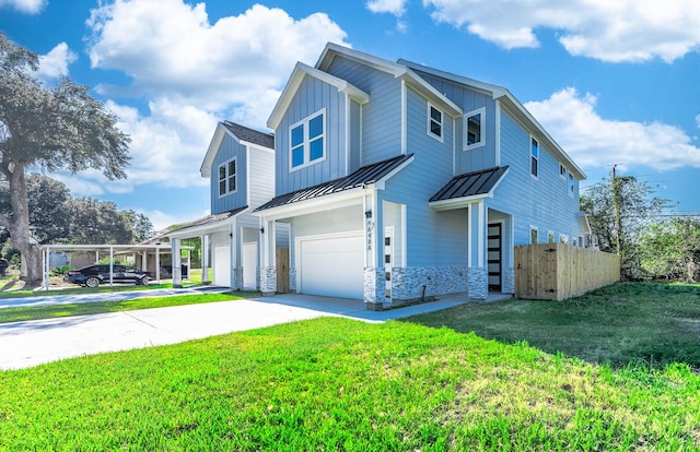 view of front facade featuring a front lawn, a garage, and a carport