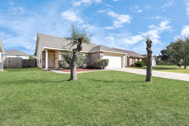 ranch-style house featuring central AC, a garage, and a front lawn