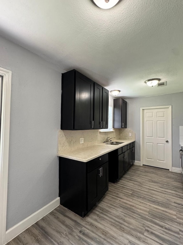 kitchen with decorative backsplash, a textured ceiling, light hardwood / wood-style flooring, and sink