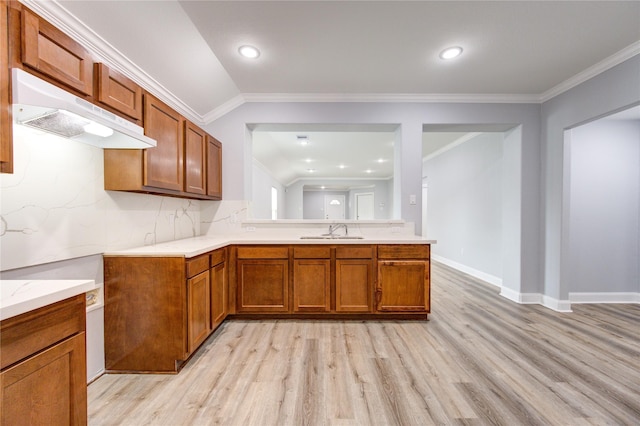 kitchen with light hardwood / wood-style flooring, crown molding, sink, and vaulted ceiling