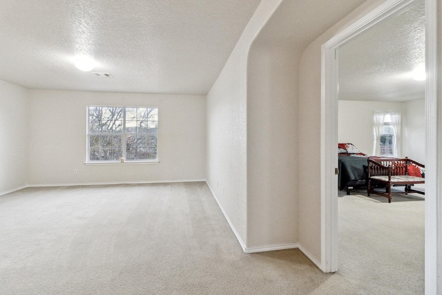 unfurnished room with light carpet, a healthy amount of sunlight, and a textured ceiling