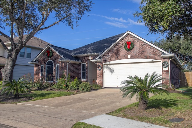 view of front of home featuring a front yard and a garage