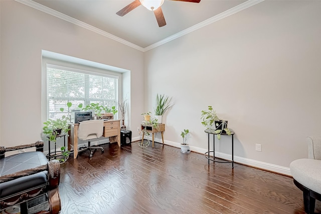 office space featuring ceiling fan, crown molding, and dark wood-type flooring