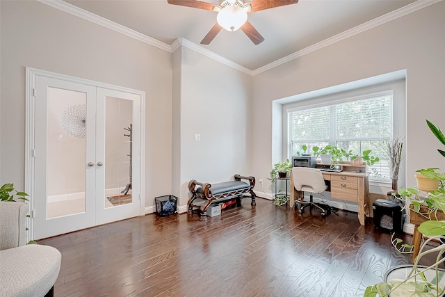 home office with french doors, crown molding, ceiling fan, and dark wood-type flooring