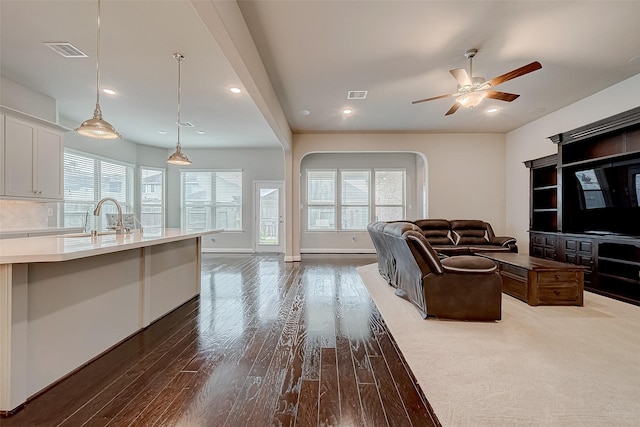 living room featuring plenty of natural light, ceiling fan, dark hardwood / wood-style flooring, and sink