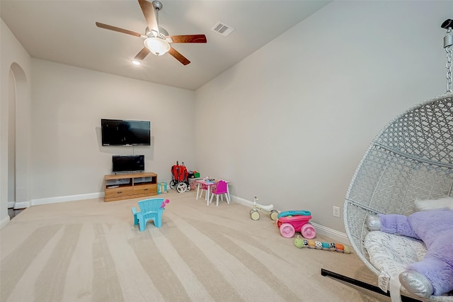 game room featuring carpet flooring, ceiling fan, and lofted ceiling