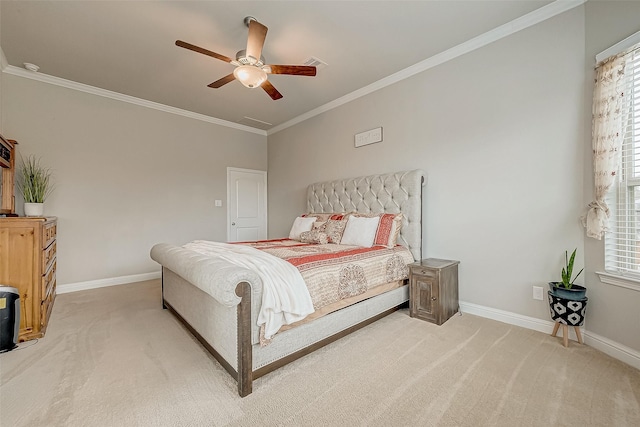 bedroom with carpet flooring, multiple windows, ceiling fan, and crown molding