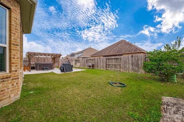 view of yard featuring a pergola and a hot tub