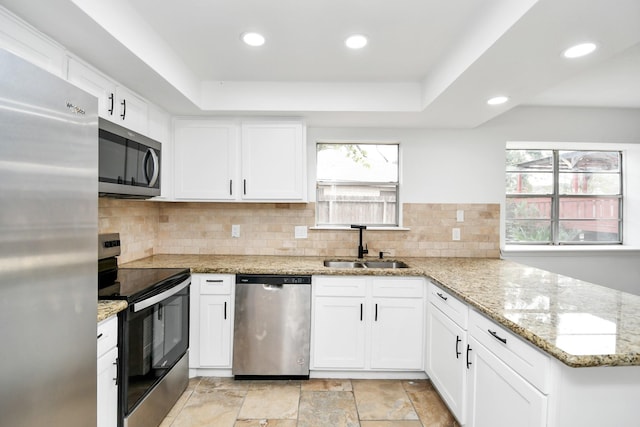 kitchen with stainless steel appliances, white cabinetry, a wealth of natural light, and sink