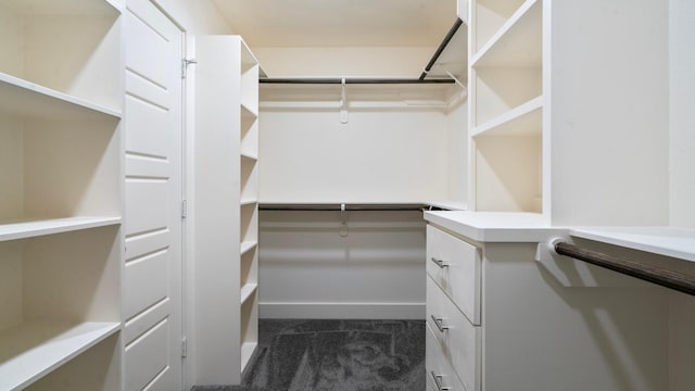 spacious closet featuring dark colored carpet