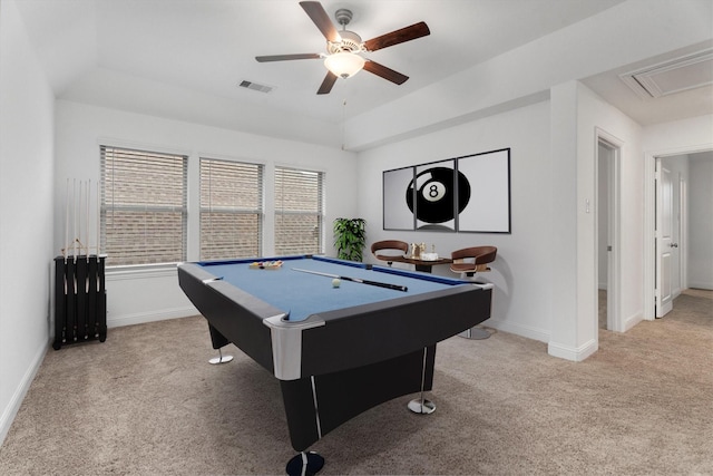 playroom featuring ceiling fan, light colored carpet, and billiards