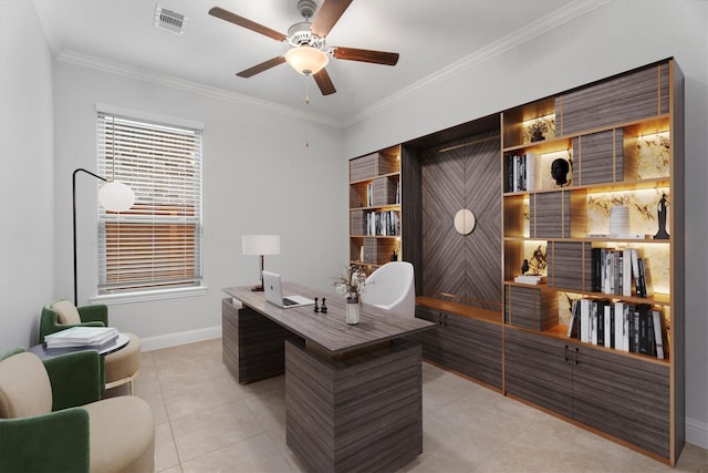 home office featuring ceiling fan, light tile patterned flooring, and ornamental molding