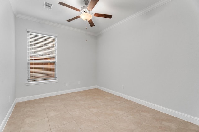 spare room with crown molding, ceiling fan, and light tile patterned floors