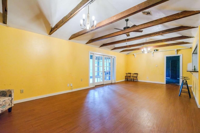 unfurnished living room with vaulted ceiling with beams, a chandelier, and hardwood / wood-style flooring