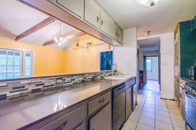 kitchen featuring dishwasher, an inviting chandelier, sink, stainless steel stove, and tasteful backsplash