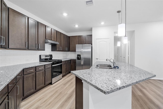 kitchen featuring visible vents, light wood-style floors, appliances with stainless steel finishes, under cabinet range hood, and a sink