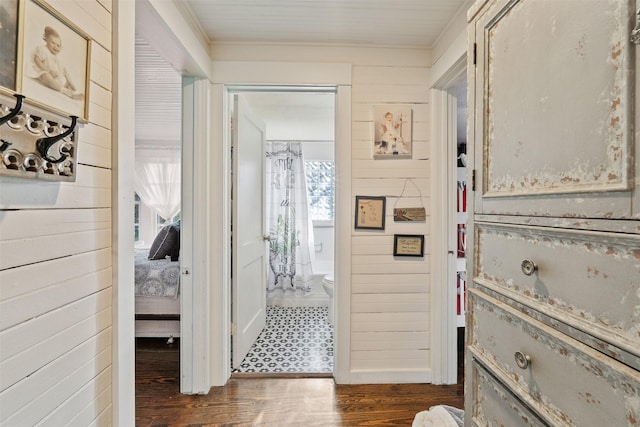 interior space with wooden walls and dark wood-type flooring