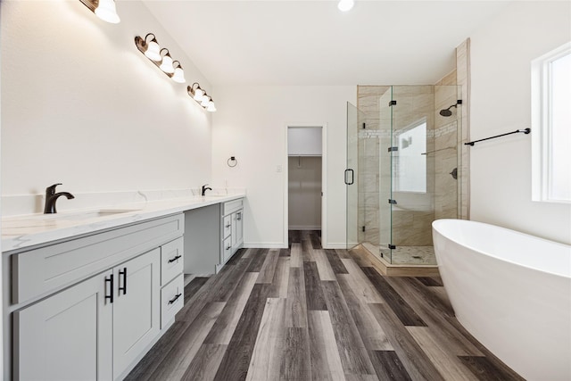 bathroom with plus walk in shower, vanity, and hardwood / wood-style flooring