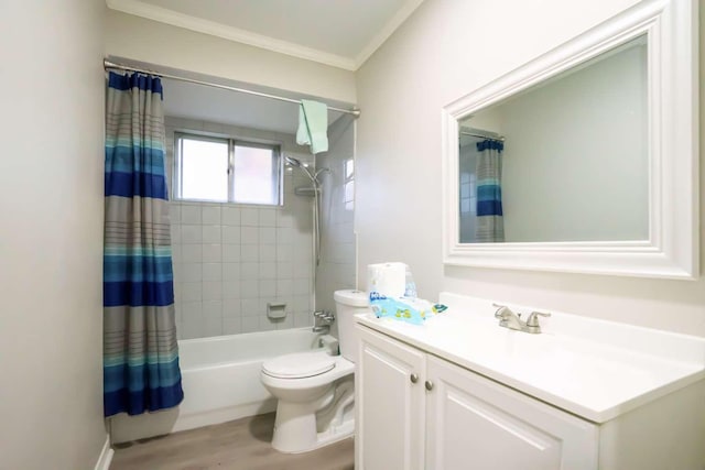 full bathroom with shower / bath combo, ornamental molding, vanity, wood-type flooring, and toilet