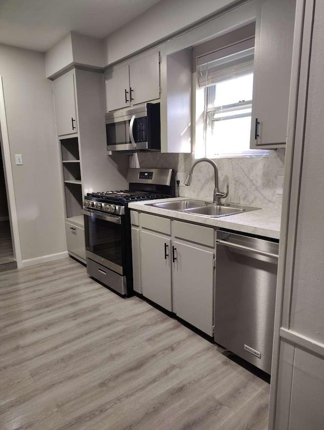 kitchen with backsplash, light hardwood / wood-style floors, sink, and stainless steel appliances