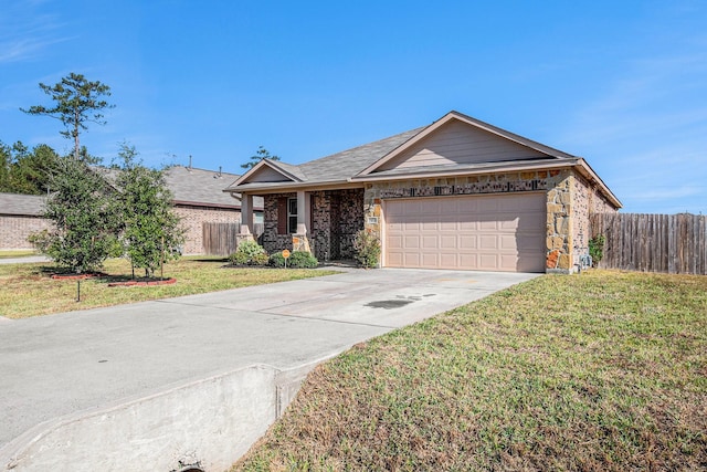 ranch-style home featuring a front lawn and a garage