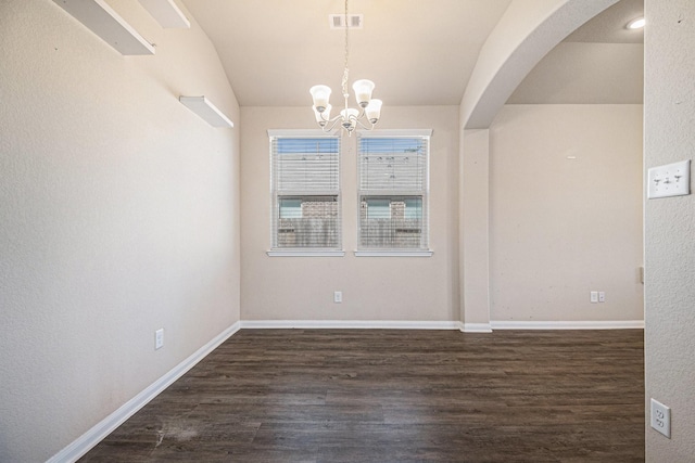 unfurnished dining area with dark hardwood / wood-style flooring and a notable chandelier