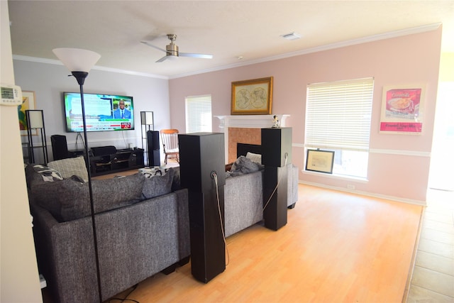 living room with ceiling fan, plenty of natural light, ornamental molding, and light hardwood / wood-style flooring