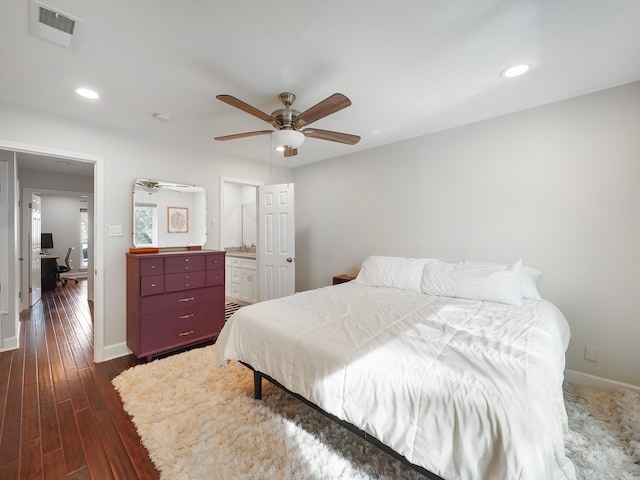 bedroom featuring dark hardwood / wood-style floors and ceiling fan