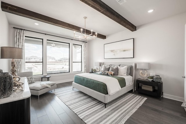 bedroom featuring a notable chandelier, dark hardwood / wood-style floors, and beam ceiling