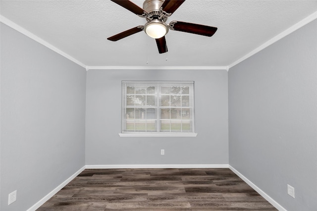 unfurnished room featuring ceiling fan, dark hardwood / wood-style flooring, a textured ceiling, and crown molding