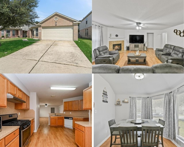 kitchen featuring sink, stainless steel range with gas cooktop, a tile fireplace, dishwasher, and ceiling fan