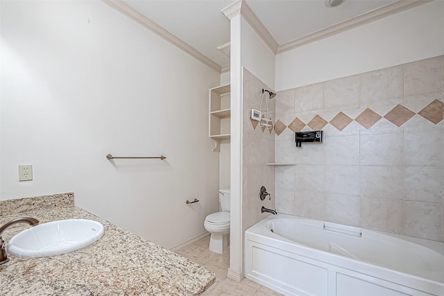 full bathroom featuring sink, tiled shower / bath combo, tile patterned flooring, crown molding, and toilet