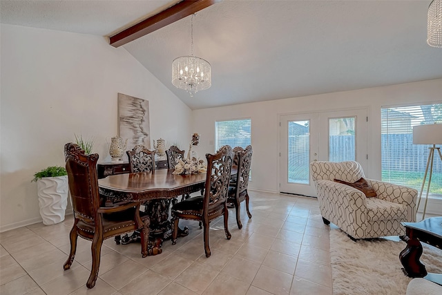 tiled dining room with vaulted ceiling with beams, a wealth of natural light, french doors, and a chandelier