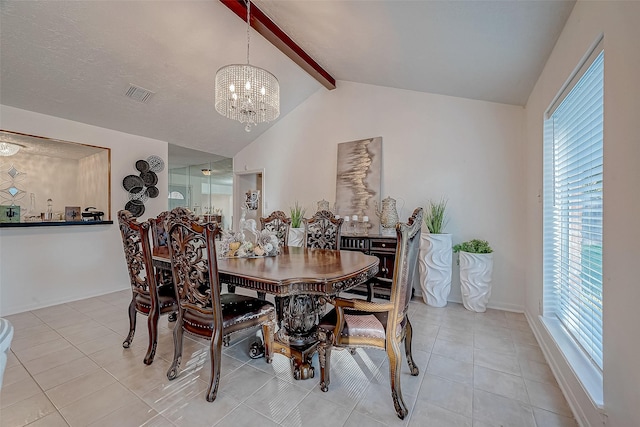 tiled dining room featuring vaulted ceiling with beams and an inviting chandelier