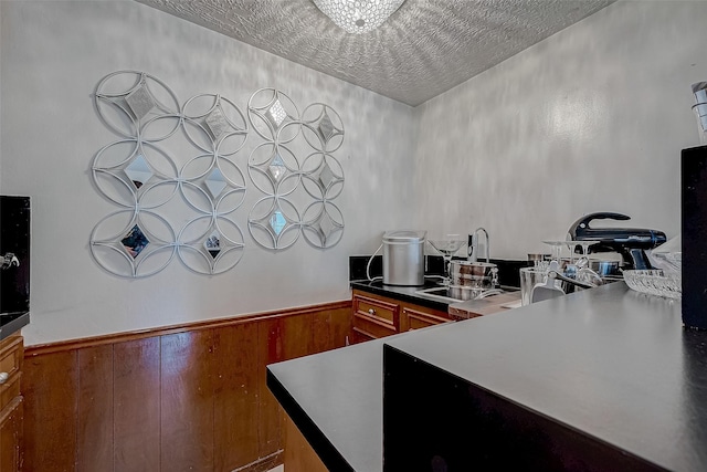 kitchen featuring sink, a textured ceiling, and an inviting chandelier