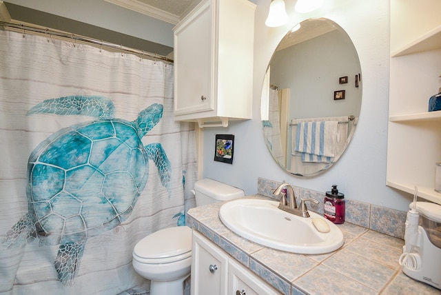 bathroom featuring vanity, toilet, and crown molding