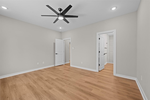 unfurnished bedroom with light hardwood / wood-style flooring and ceiling fan