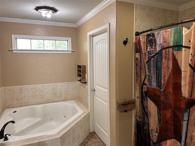 bathroom featuring ornamental molding, a textured ceiling, and plus walk in shower