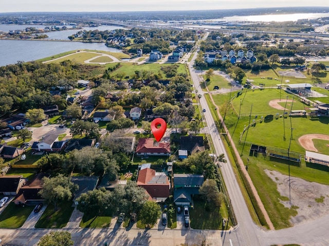 bird's eye view with a water view