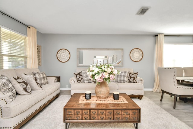 living room with light hardwood / wood-style flooring and a healthy amount of sunlight