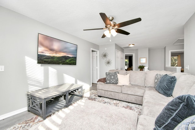 living room with ceiling fan and hardwood / wood-style flooring