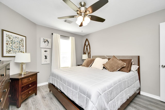 bedroom featuring ceiling fan and light hardwood / wood-style flooring