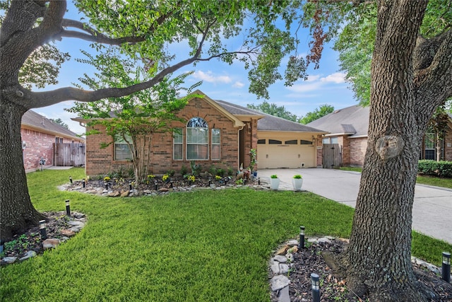 ranch-style home with a garage and a front lawn