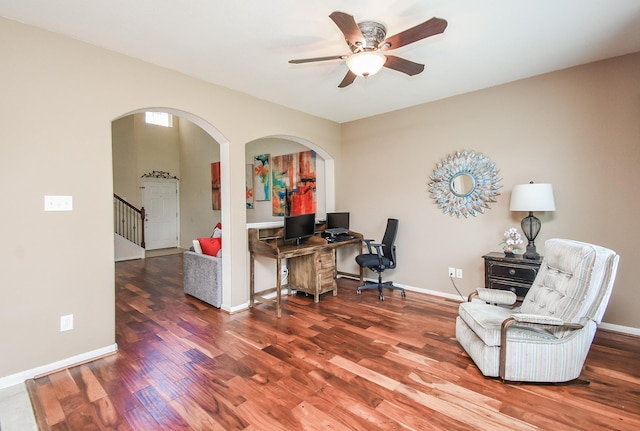 office with ceiling fan and wood-type flooring