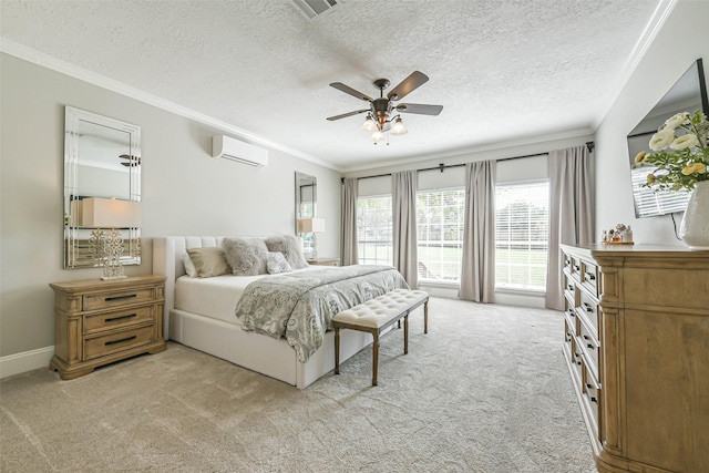 bedroom with light carpet, a textured ceiling, a wall unit AC, and ceiling fan