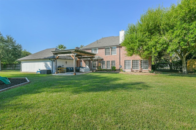 view of yard featuring a pergola, a patio, and central AC unit