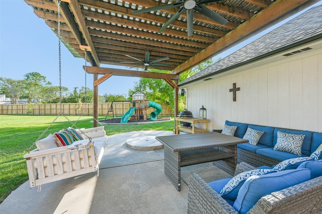 view of patio / terrace featuring an outdoor living space and a playground