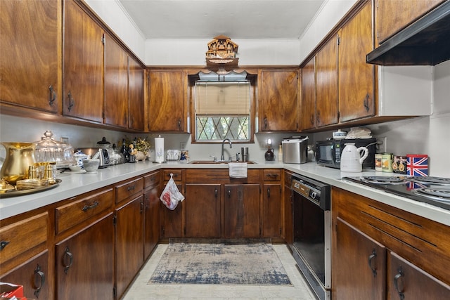 kitchen featuring black appliances, ornamental molding, sink, and range hood