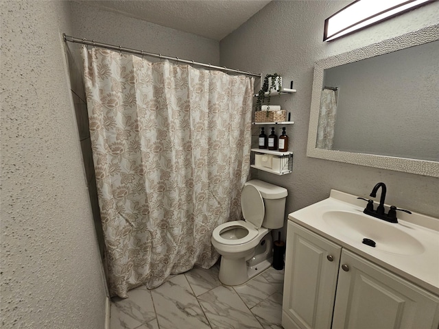 7886 Hamlet St, Houston, TX 77078 - bathroom with toilet, marble finish floors, vanity, and a textured wall